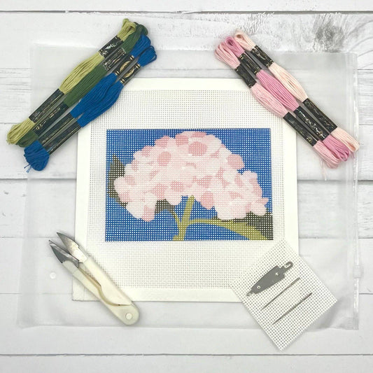 Pink Hydrangea on Blue 6x4 Needlepoint Design