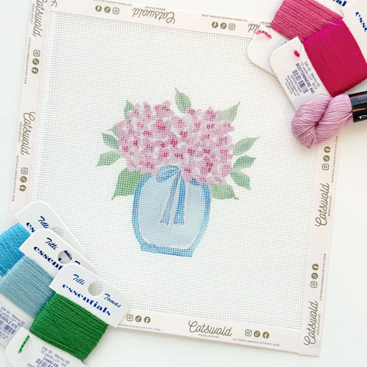 Pink Hydrangea Flower Vase Needlepoint Canvas, 18 Mesh, Artisan Printed Needlepoint, 3.5x4 Design