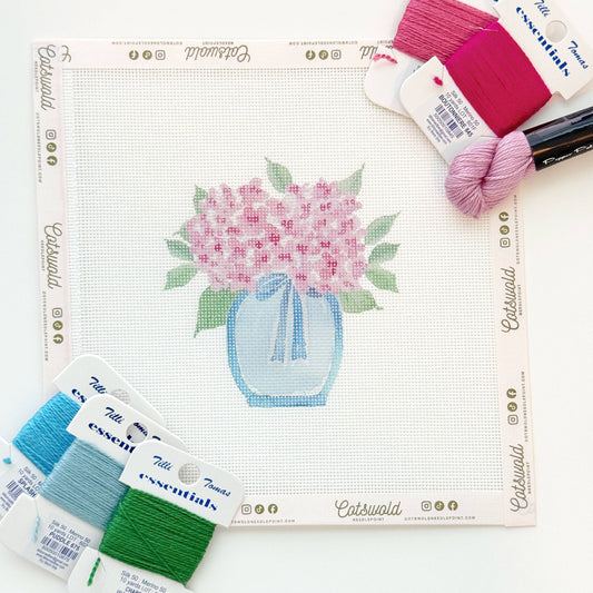 Pink Hydrangea Flower Vase Needlepoint Canvas, 18 Mesh, Artisan Printed Needlepoint, 3.5x4 Design