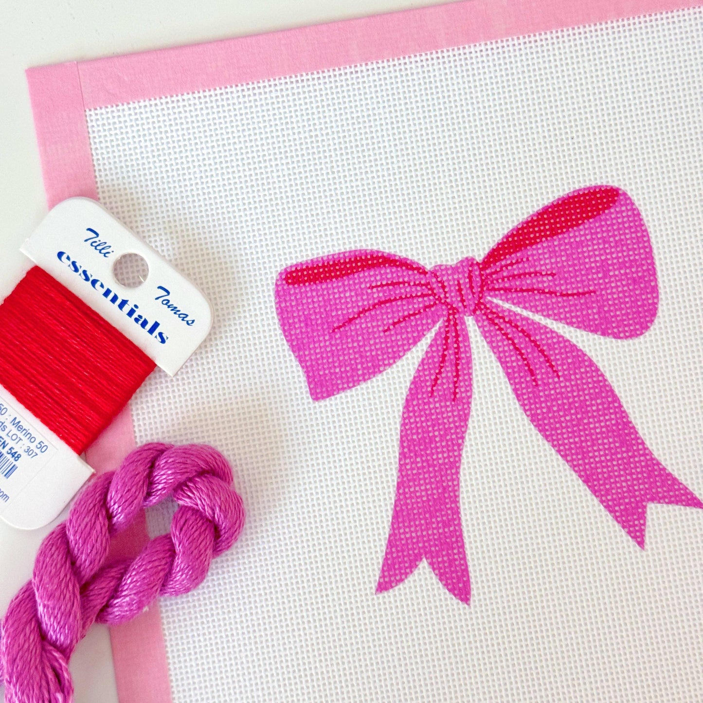 Pink Red Bow 18 Mesh Needlepoint Canvas, Aesthetic Bow Canvas, Artisan Printed Canvas, 4x4 Design