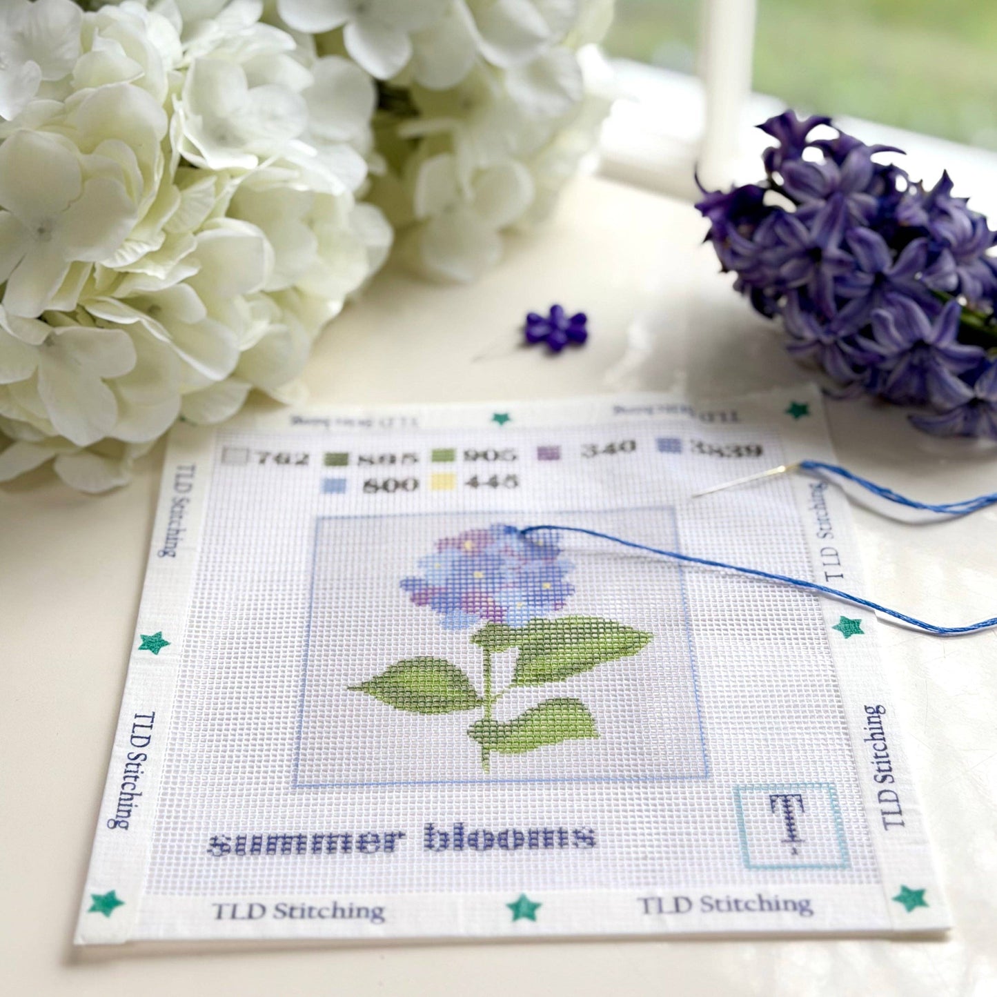 "summer blooms" hydrangea stem needlepoint stitch kit