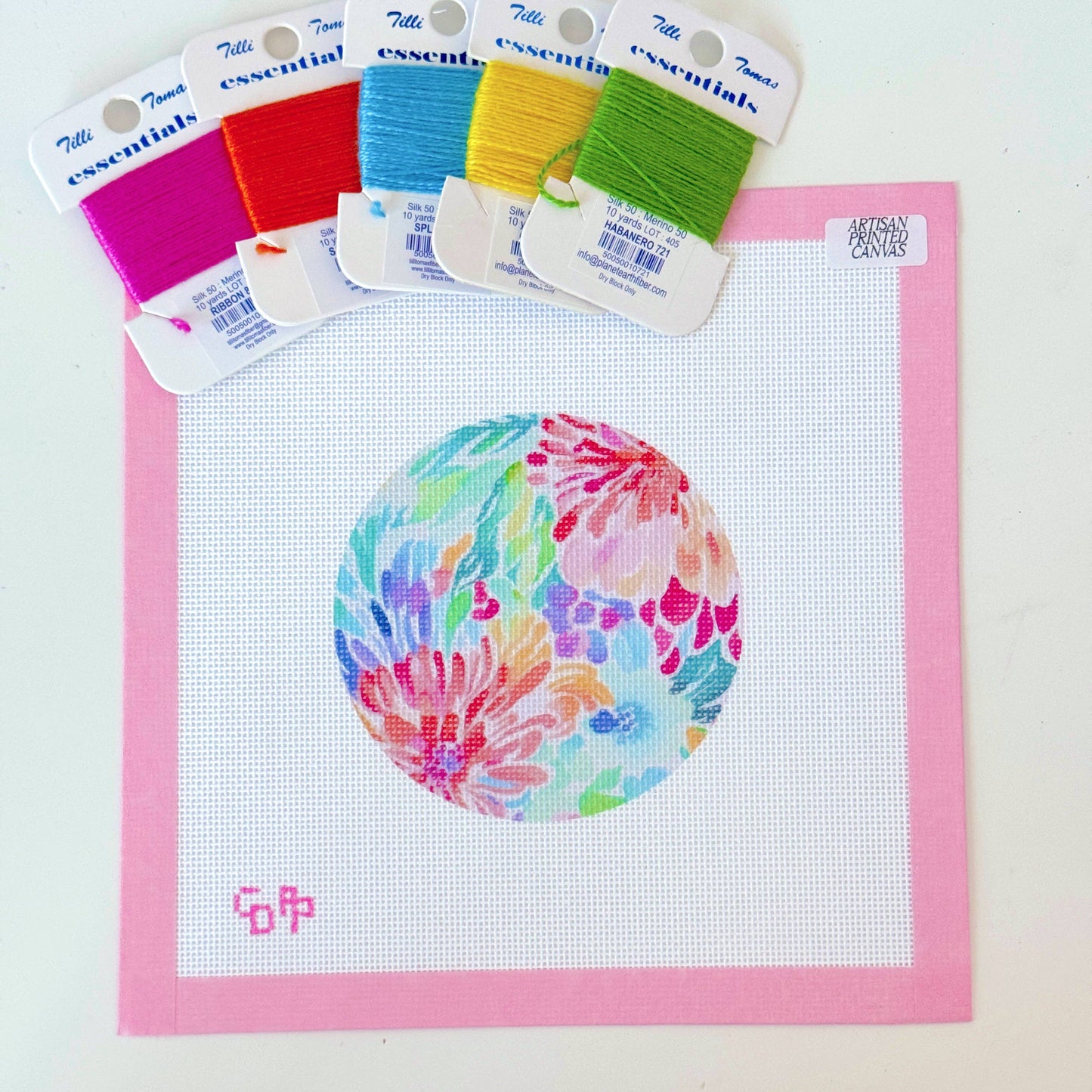 Artisan Printed Floral Round Ornament Needlepoint Canvas 8x8