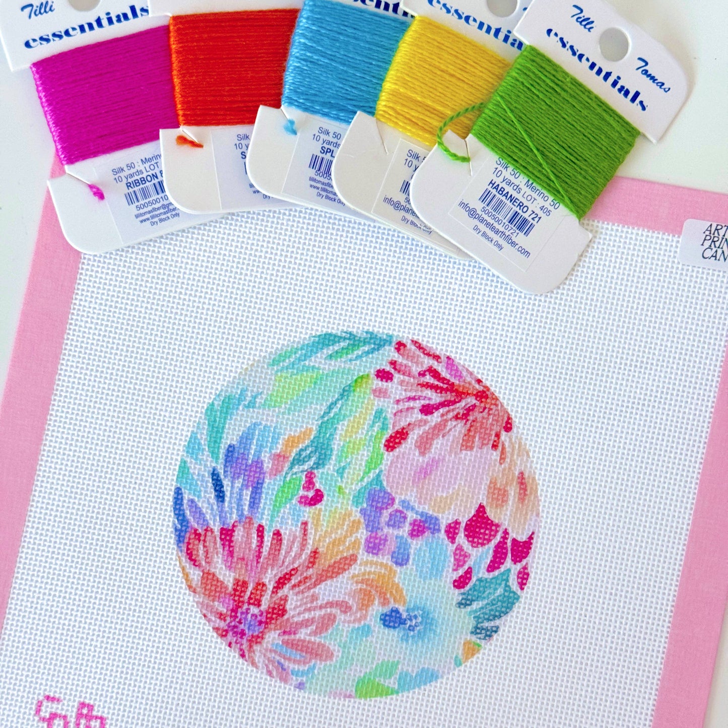 Artisan Printed Floral Round Ornament Needlepoint Canvas 8x8