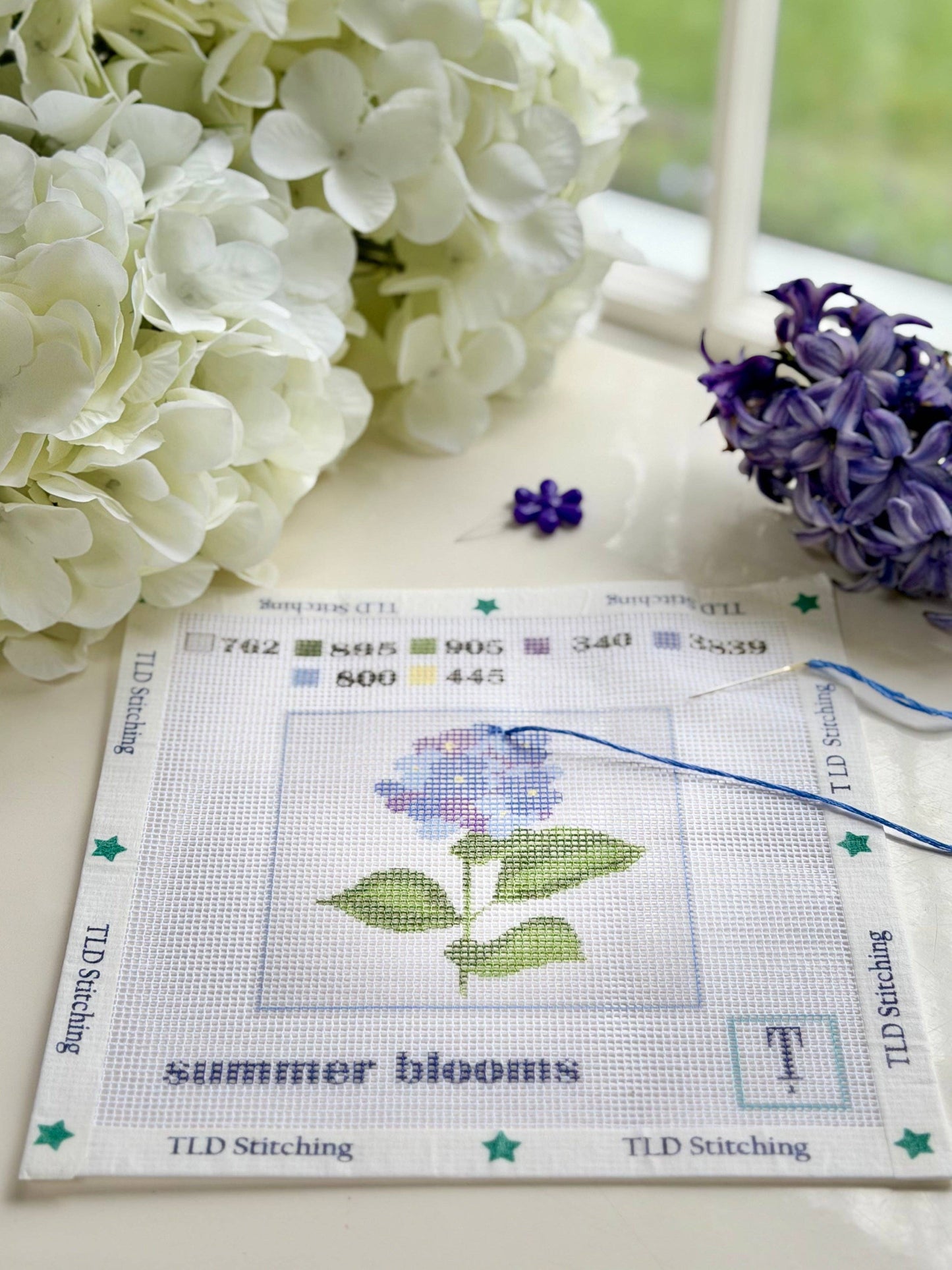 "summer blooms" hydrangea stem needlepoint stitch kit