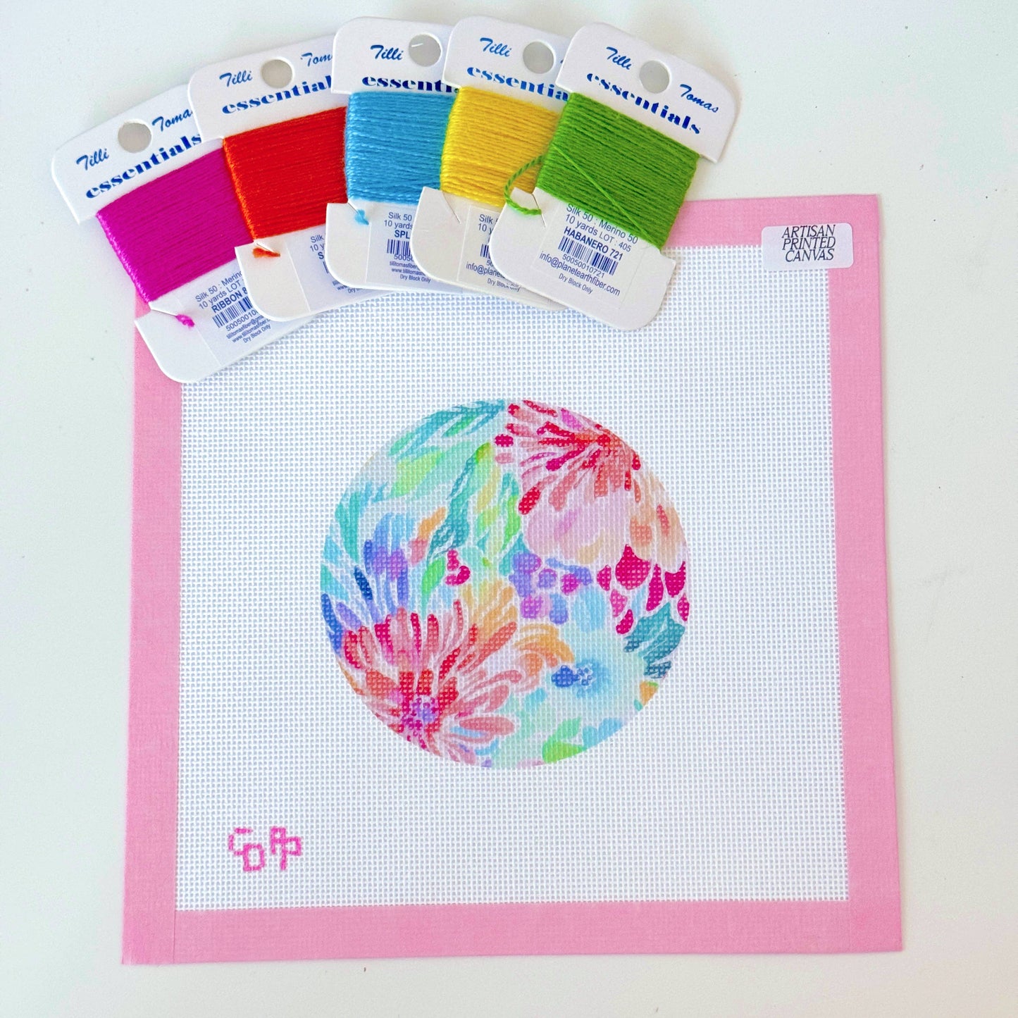 Artisan Printed Floral Round Ornament Needlepoint Canvas 8x8