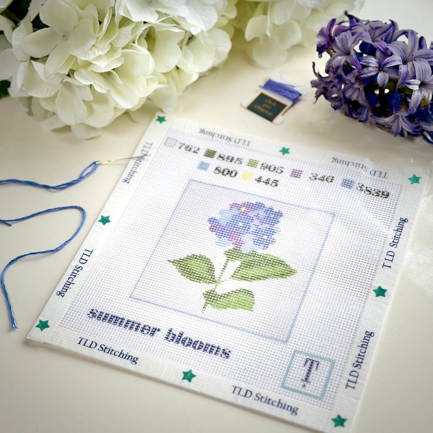 "summer blooms" hydrangea stem needlepoint stitch kit