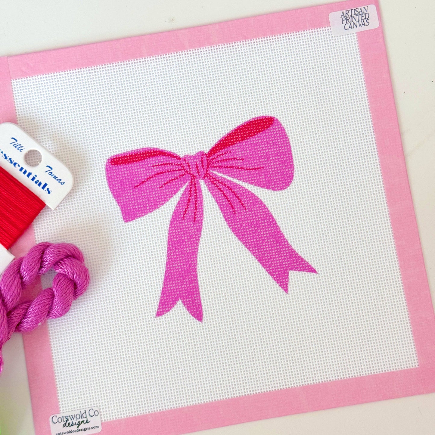 Pink Red Bow 18 Mesh Needlepoint Canvas, Aesthetic Bow Canvas, Artisan Printed Canvas, 4x4 Design