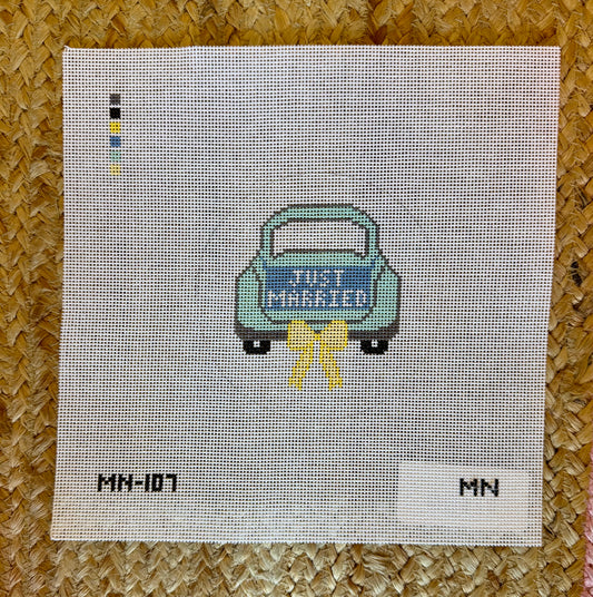 Just Married Teal Car Yellow Bow