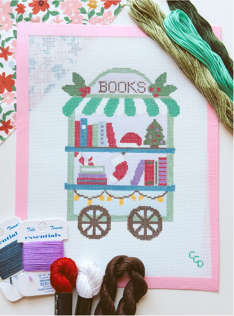Christmas Book Trolley Cart Needlepoint Canvas, 18 Mesh