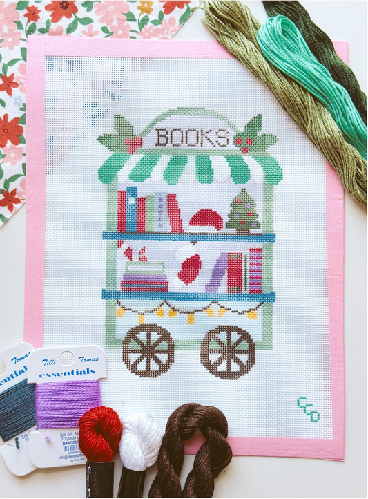 Christmas Book Trolley Cart Needlepoint Canvas, 18 Mesh