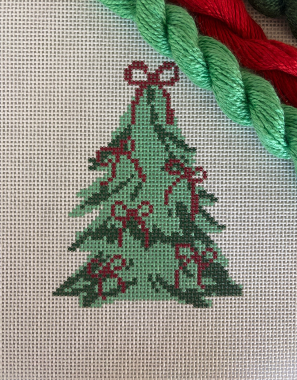 Red Bow Christmas Tree Needlepoint Canvas, 13 Mesh