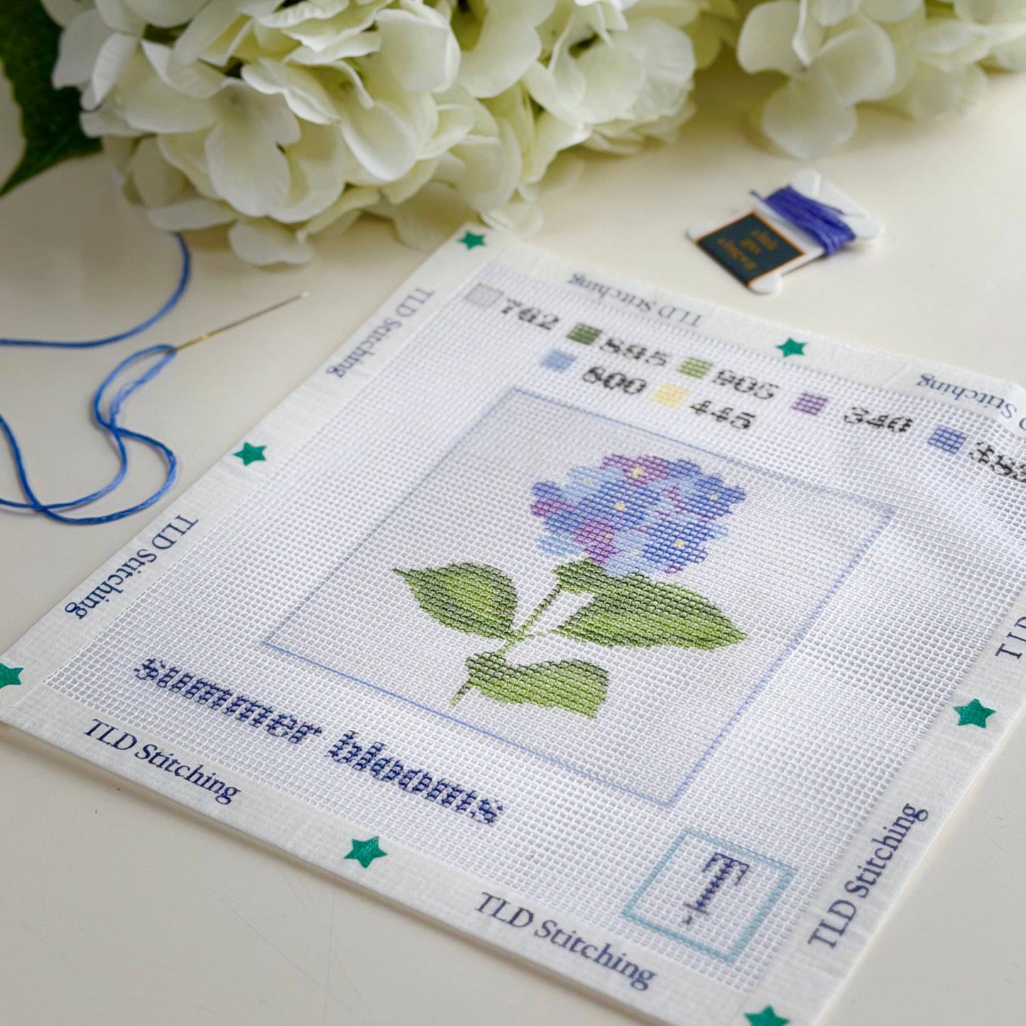 "summer blooms" hydrangea stem needlepoint stitch kit