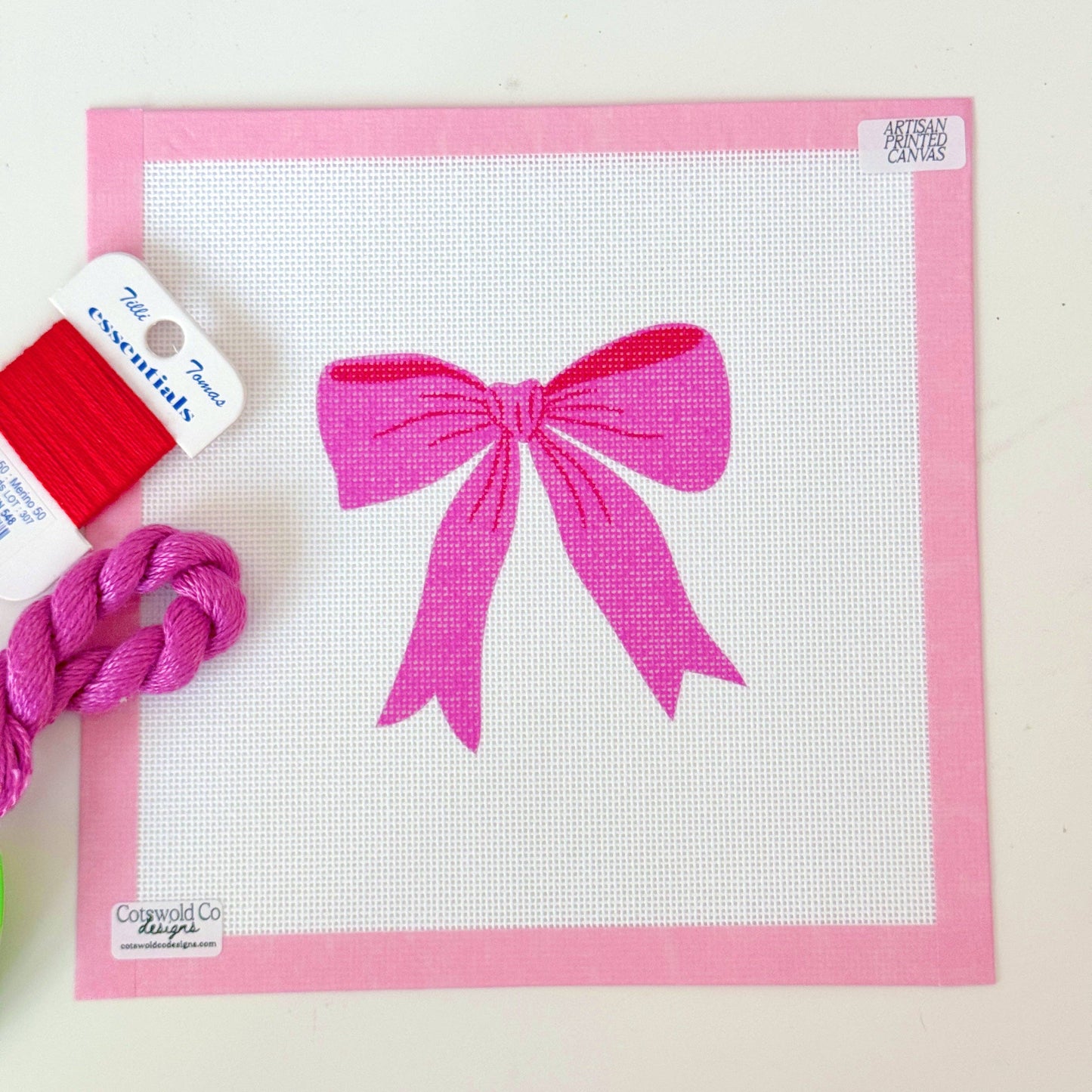 Pink Red Bow 18 Mesh Needlepoint Canvas, Aesthetic Bow Canvas, Artisan Printed Canvas, 4x4 Design