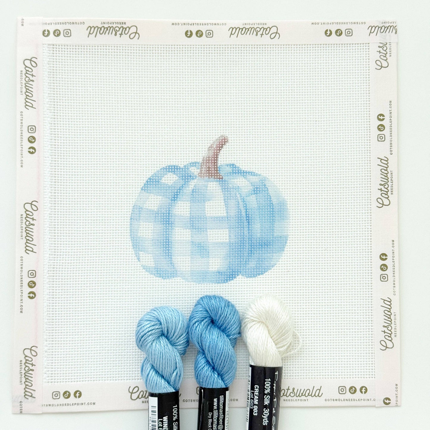 Plaid Blue Pumpkin Fall Needlepoint Canvas, 18 Mesh, Artisan Printed Needlepoint, 3.5x3.5 Design