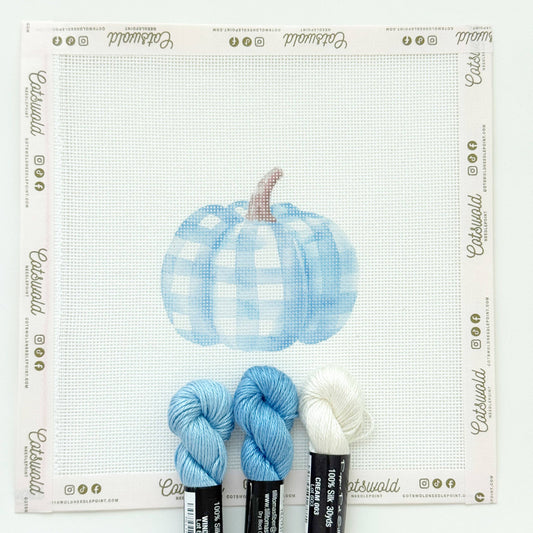 Plaid Blue Pumpkin Fall Needlepoint Canvas, 18 Mesh, Artisan Printed Needlepoint, 3.5x3.5 Design