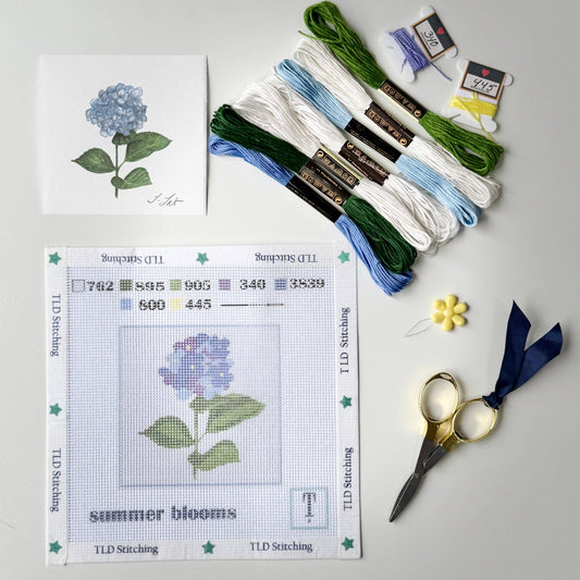 "summer blooms" hydrangea stem needlepoint stitch kit